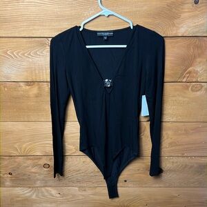 GUESS womens Long Sleeve Cybill Black‎ Bodysuit Sm front bling thong event layer